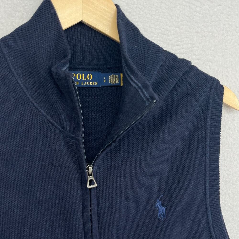 POLO RALPH LAUREN Sweater Vest Mens L Mesh Knit Cotton Full Zip Navy Blue - Picture 4 of 11